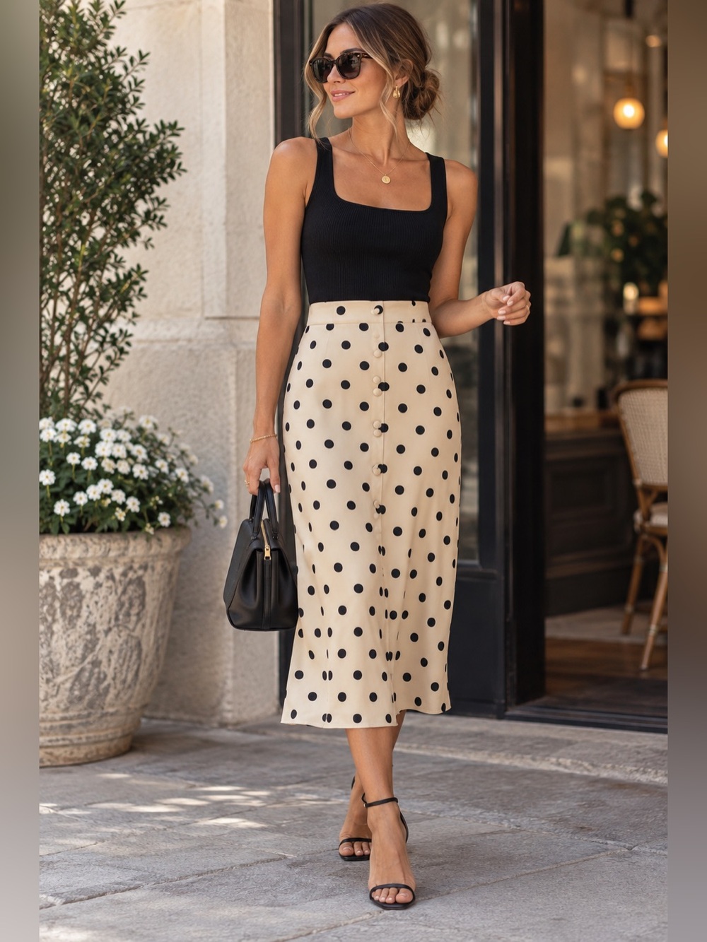 Free People Analise Polka Dot Satin Midi Skirt Cream Black High Rise Size 8